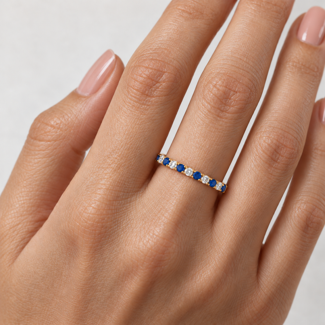 Natural Sapphire &amp; Diamond Stackable Wedding Band 14K Yellow Gold 0.59CTW