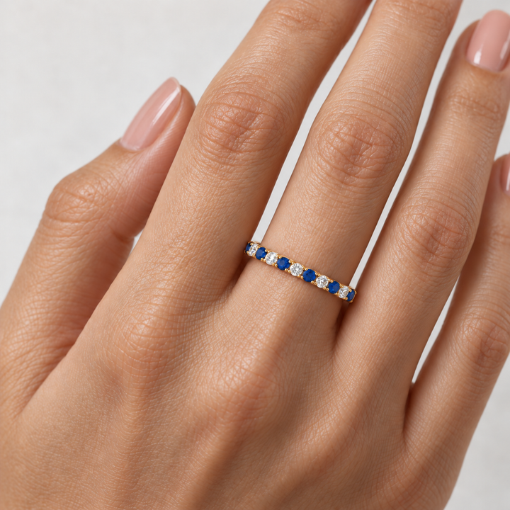 Natural Sapphire &amp; Diamond Stackable Wedding Band 14K Yellow Gold 0.59CTW