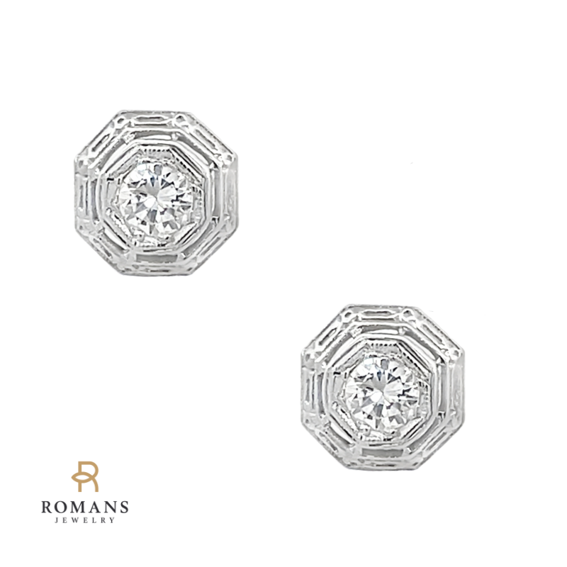 Diamond Art Deco Halo 1950's Earrings 14K White Gold .65CTW