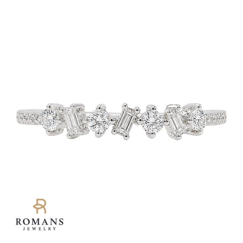 Diamond Band Alternating Baguette Round 14K White Gold .16CTW