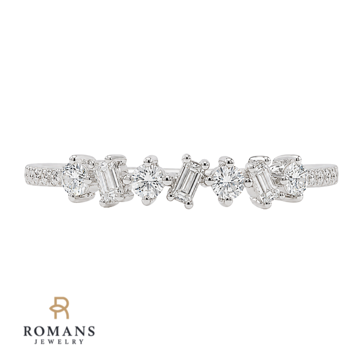 Diamond Band Alternating Baguette Round 14K White Gold .16CTW
