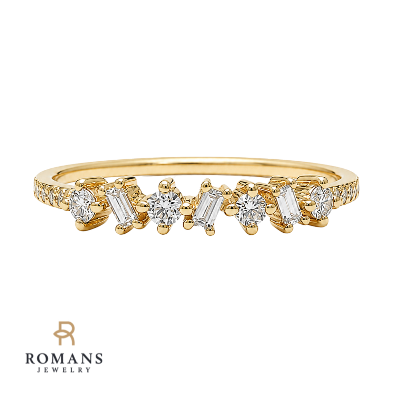 Diamond Band Alternating Baguette Round 14K Yellow Gold .16CTW
