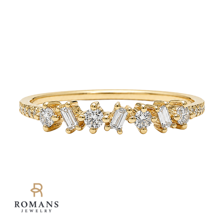 Diamond Band Alternating Baguette Round 14K Yellow Gold .16CTW