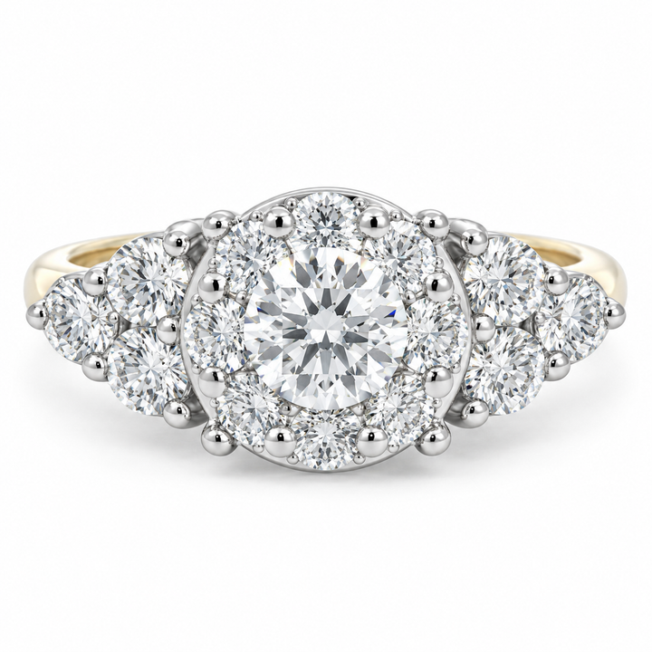 Shop this 14K yellow and white gold diamond cluster cocktail ring featuring 1.36CT natural diamonds. Elegant estate statement ring with timeless sparkle, size 7.