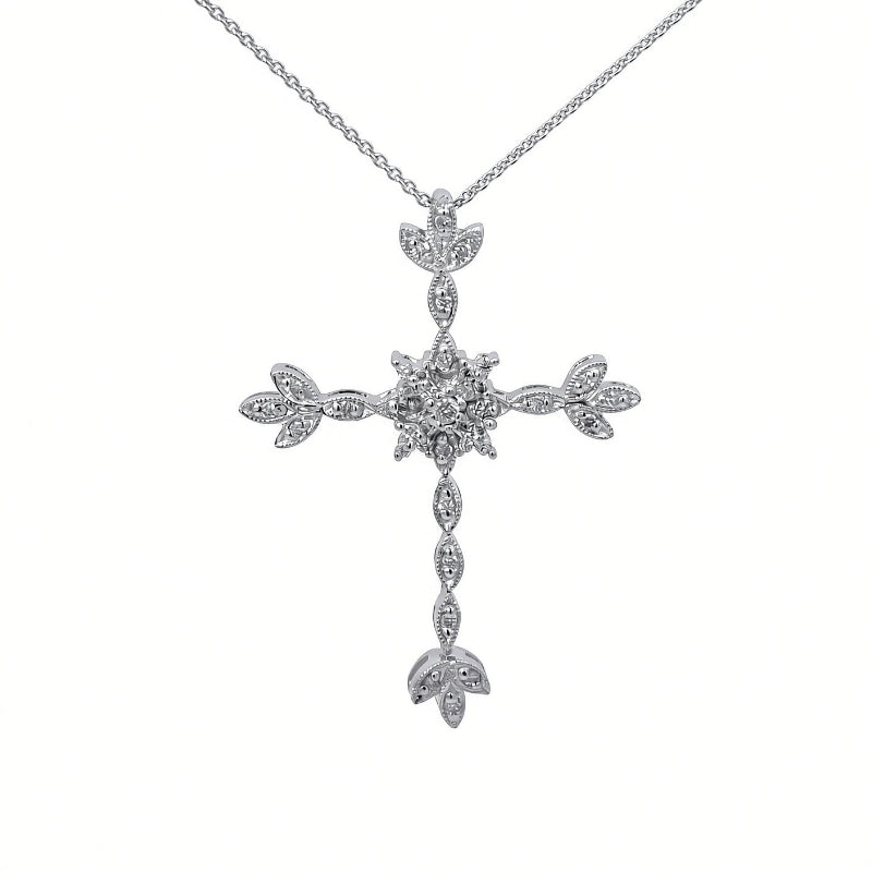 A silver cross pendant necklace adorned with small clear stones