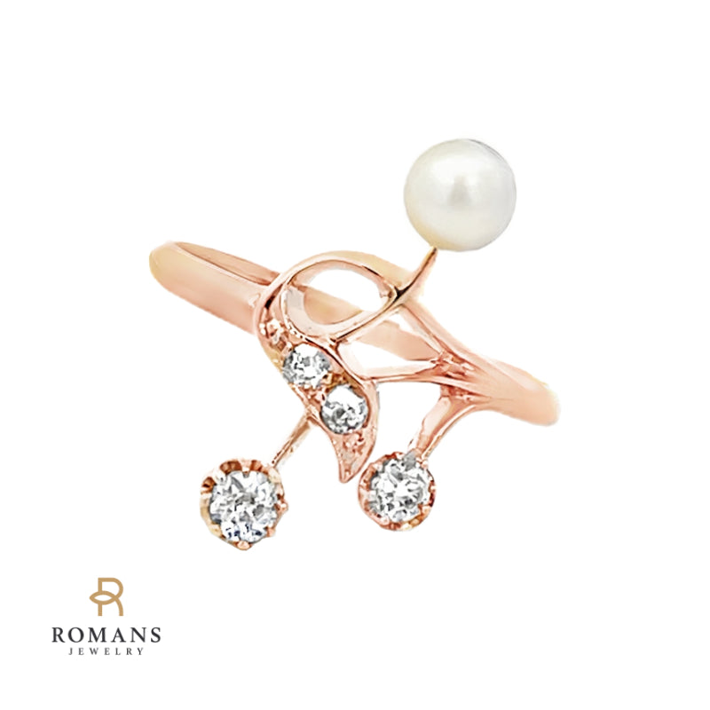 Diamond Pearl Vintage Ring 14K Rose Gold .15 CTW