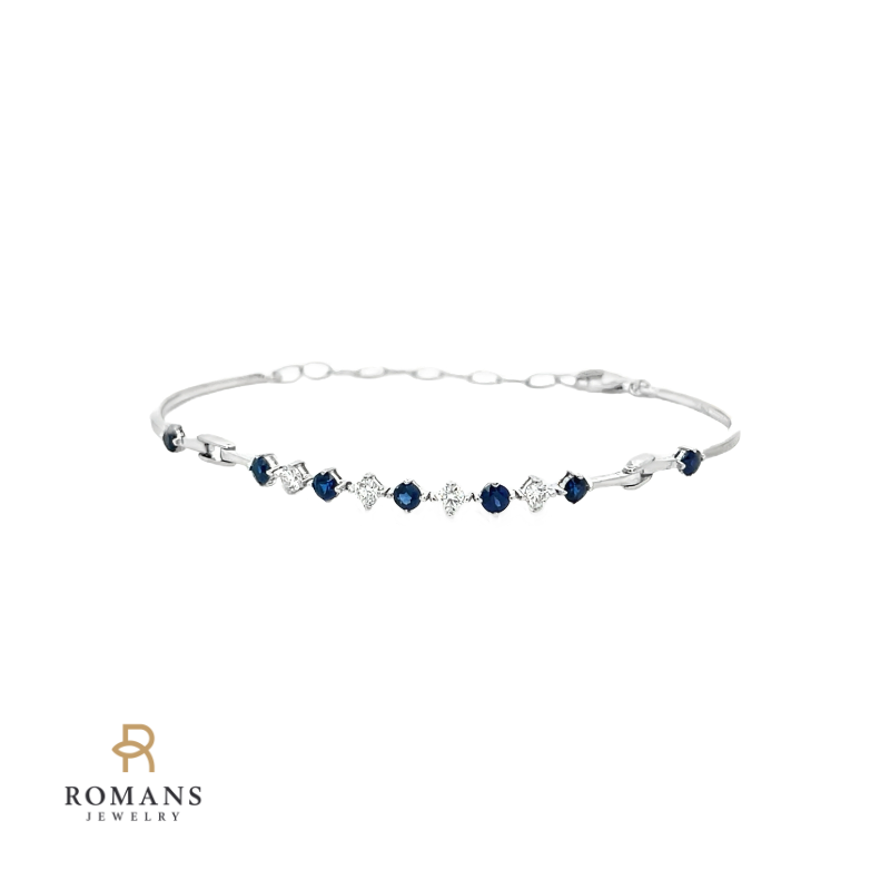 Diamond & Sapphire Bangle Link Bracelet 14K White Gold
