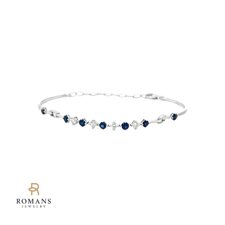 Diamond & Sapphire Bangle Link Bracelet 14K White Gold