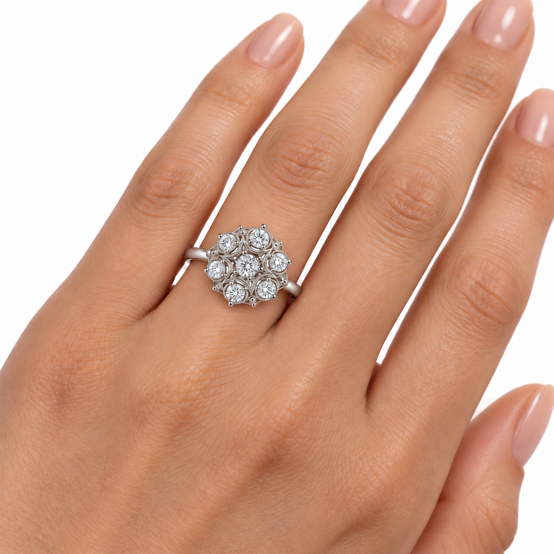 Diamond Vintage Cluster Ring 14K White Gold .84CTW
