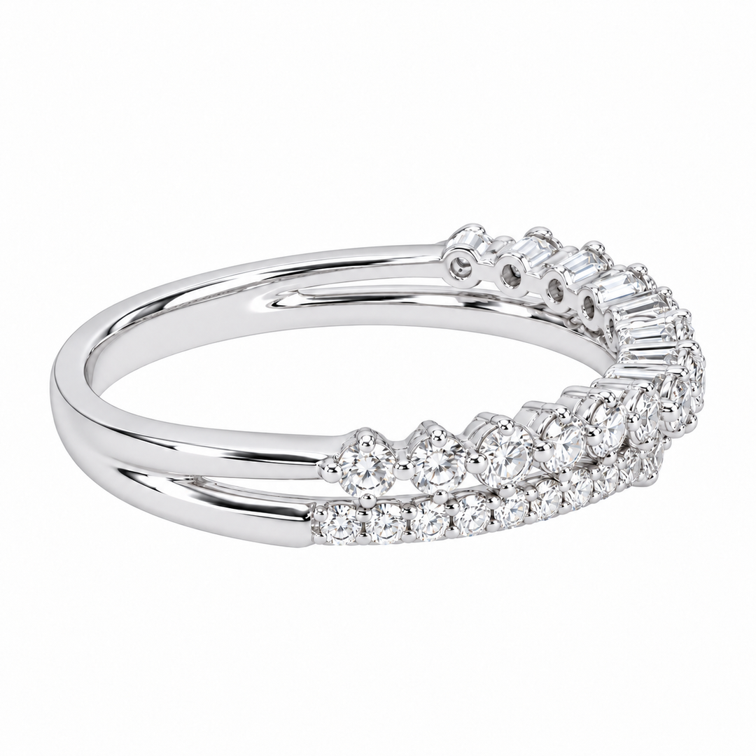 14K white gold diamond wedding band features a double-row chevron design with 0.54 carats of round diamonds. 