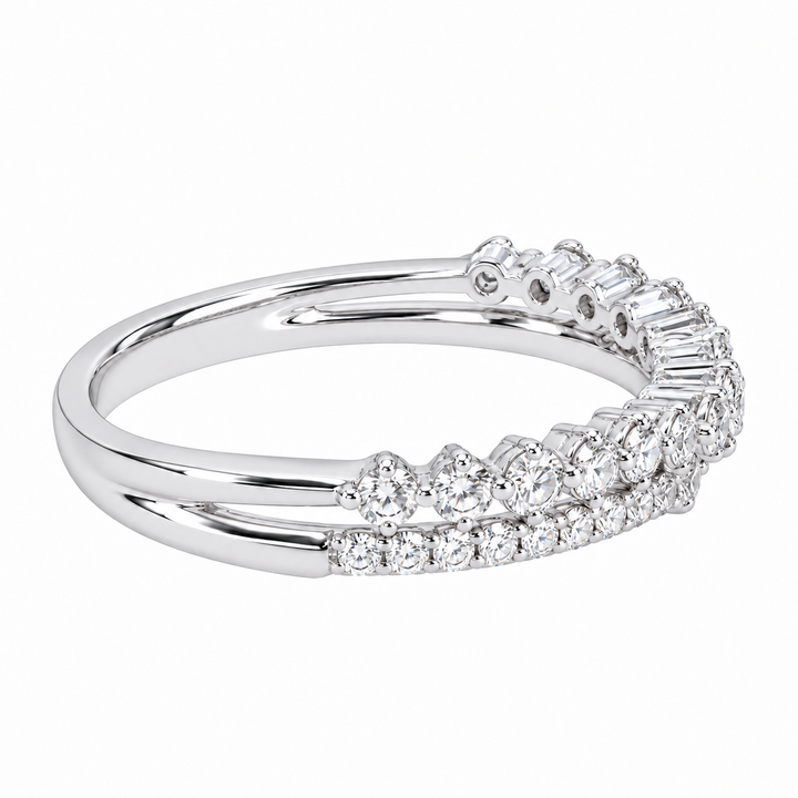 14K white gold diamond wedding band features a double-row chevron design with 0.54 carats of round diamonds. 