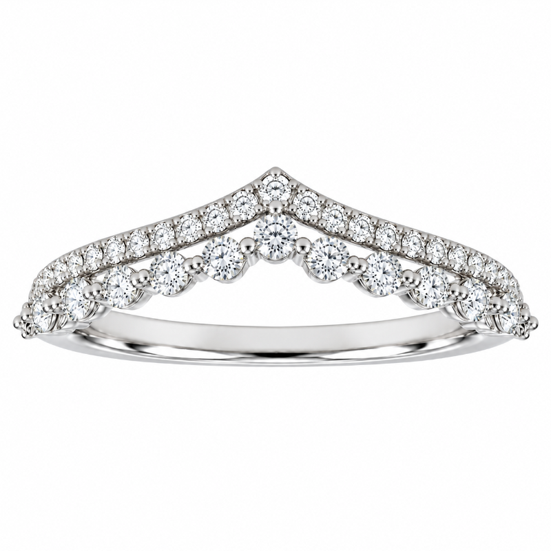 14K white gold diamond band ring featuring a V-shaped  with round-cut diamonds, 