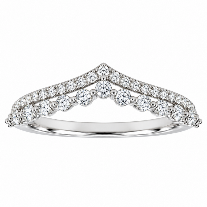 14K white gold diamond band ring featuring a V-shaped  with round-cut diamonds, 