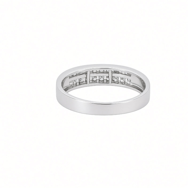 A silver band ring with a rows of small clear gemstones 