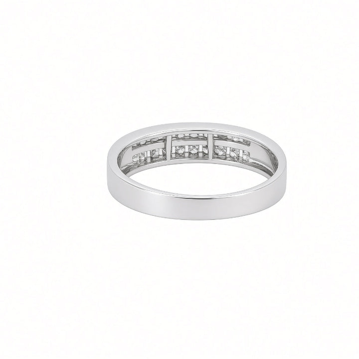 A silver band ring with a rows of small clear gemstones 