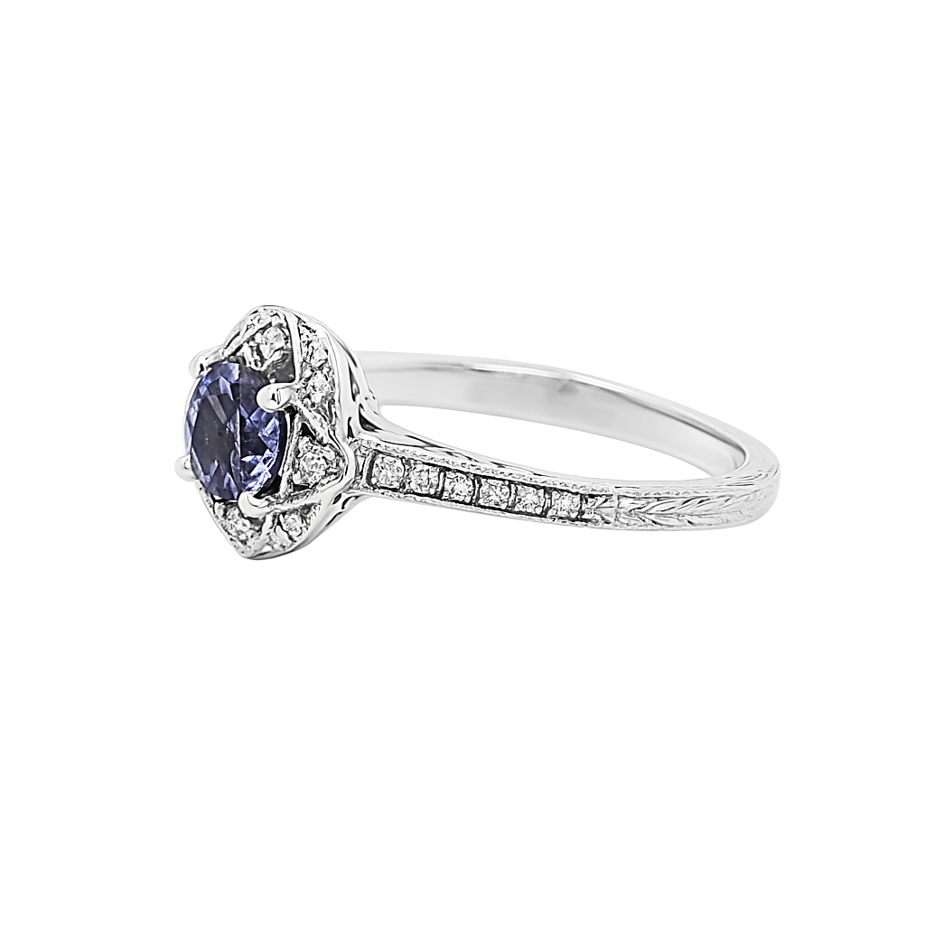 Elegant Tanzanite Diamond Halo Engraved Ring 14K White Gold
