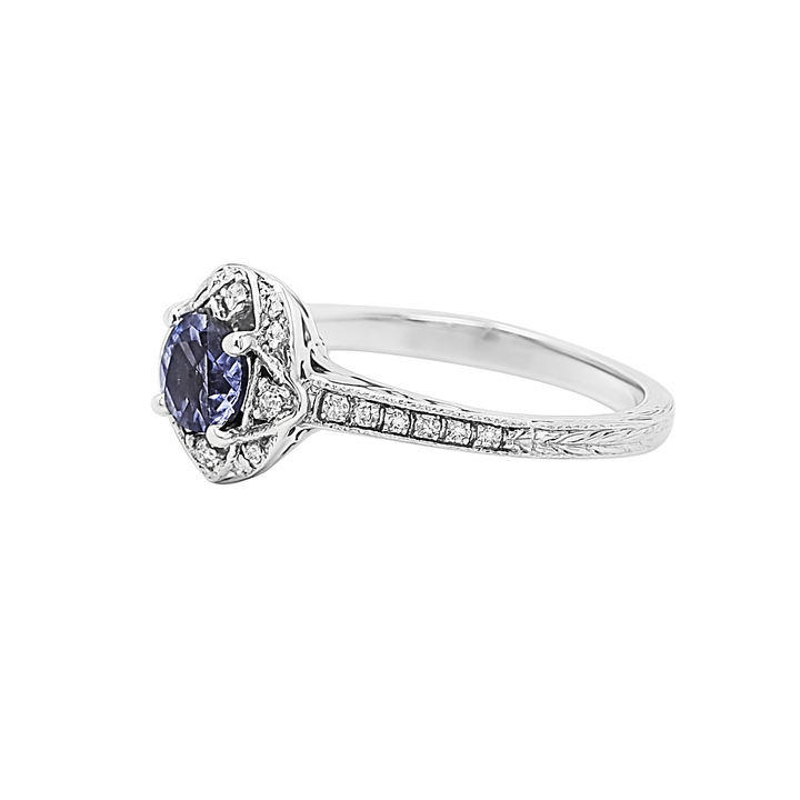 Elegant Tanzanite Diamond Halo Engraved Ring 14K White Gold