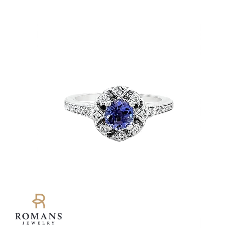 Elegant Tanzanite Diamond Halo Engraved Ring 14K White Gold