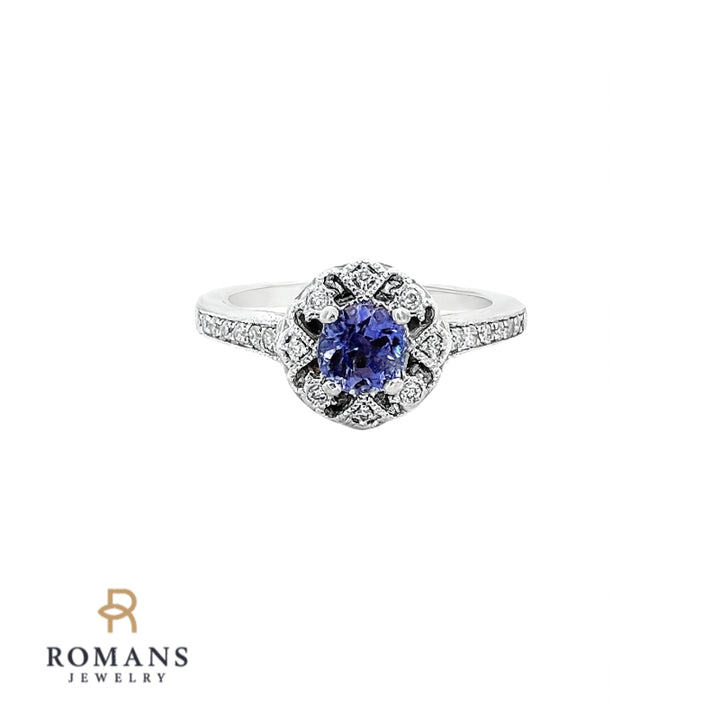 Elegant Tanzanite Diamond Halo Engraved Ring 14K White Gold
