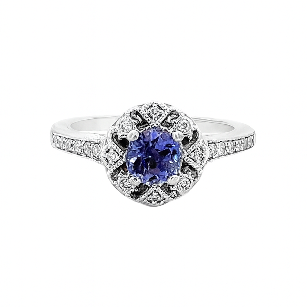 Elegant Tanzanite Diamond Halo Engraved Ring 14K White Gold
