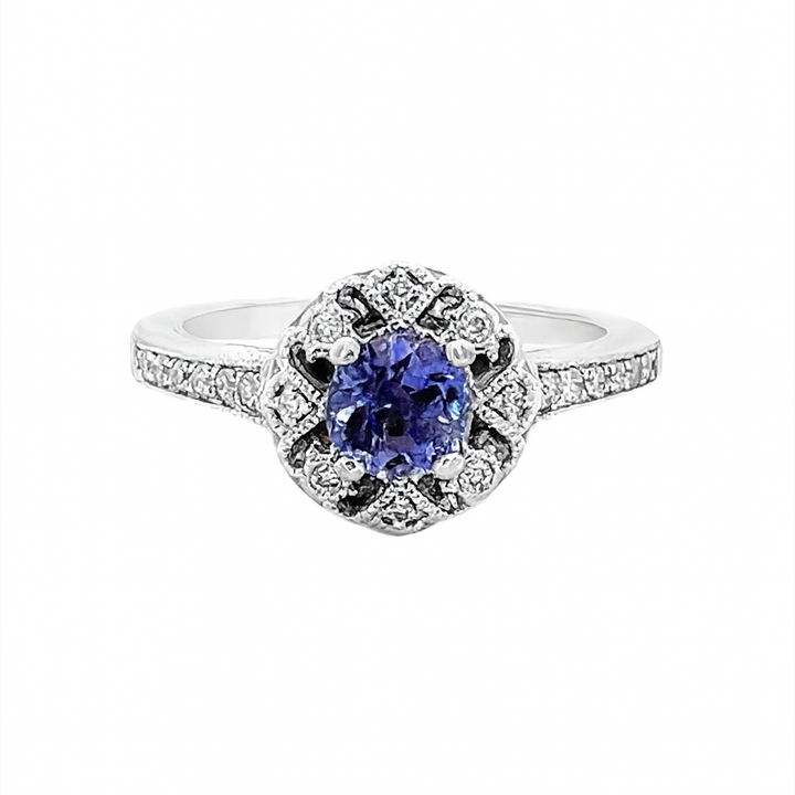 Elegant Tanzanite Diamond Halo Engraved Ring 14K White Gold