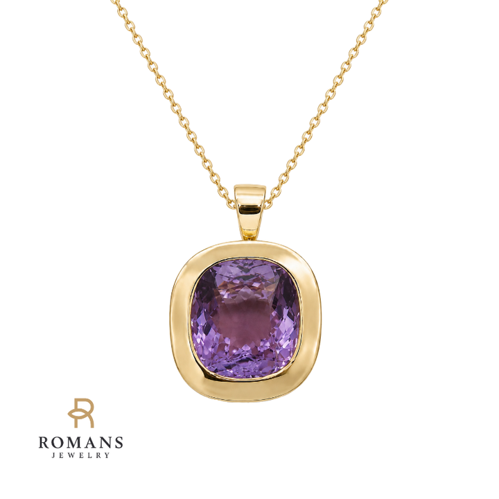 Elongated Cushion Amethyst Pendant 15.20CT 14K Yellow Gold