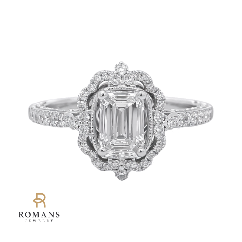 Emerald-Cut Lab Diamond Halo Engagement Ring 14K White Gold 1.04CT