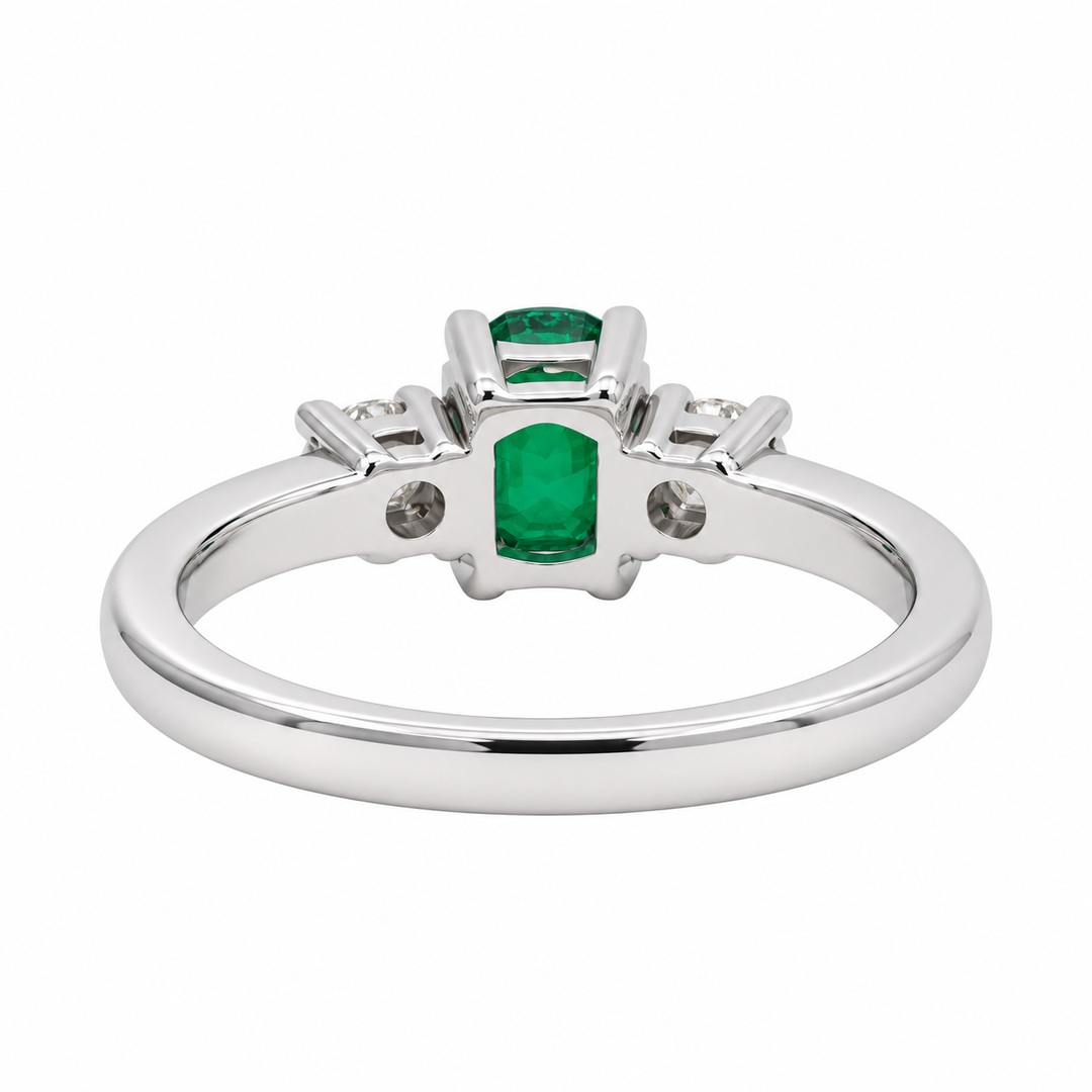 Emerald Three Stone Diamond Ring 0.79CT 14K White Gold