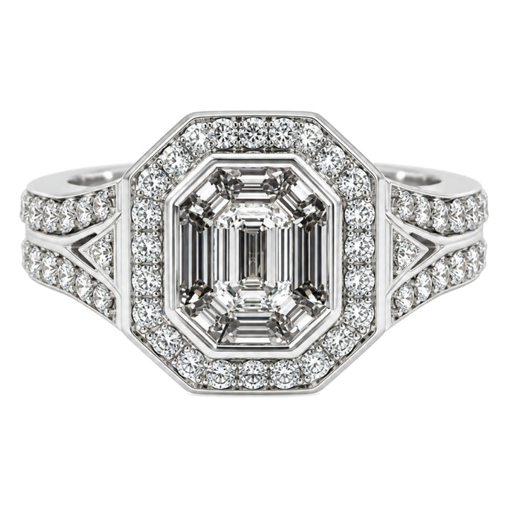 Emerald Cut Diamond Cluster Ring 14K White Gold 1.14CTW