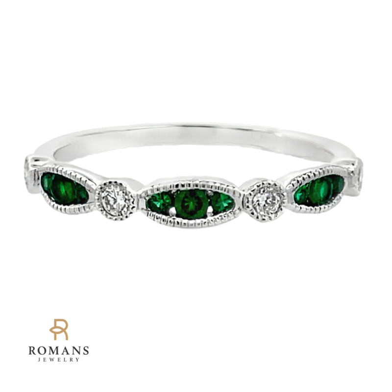 Emerald Diamond Alternating Band 14K White Gold .15CT