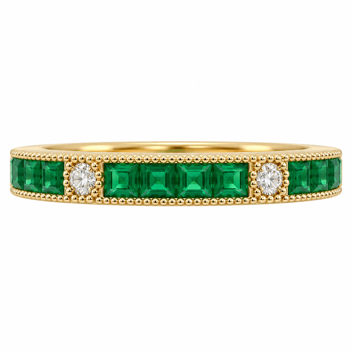 14K yellow gold emerald and diamond band featuring 0.73CTW gemstones with vintage-inspired milgrain detailing.