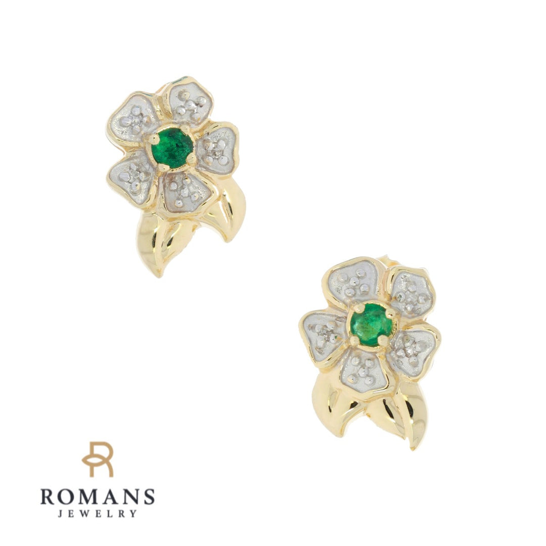 Emerald Diamond Flower Earrings 10K Two Tone
