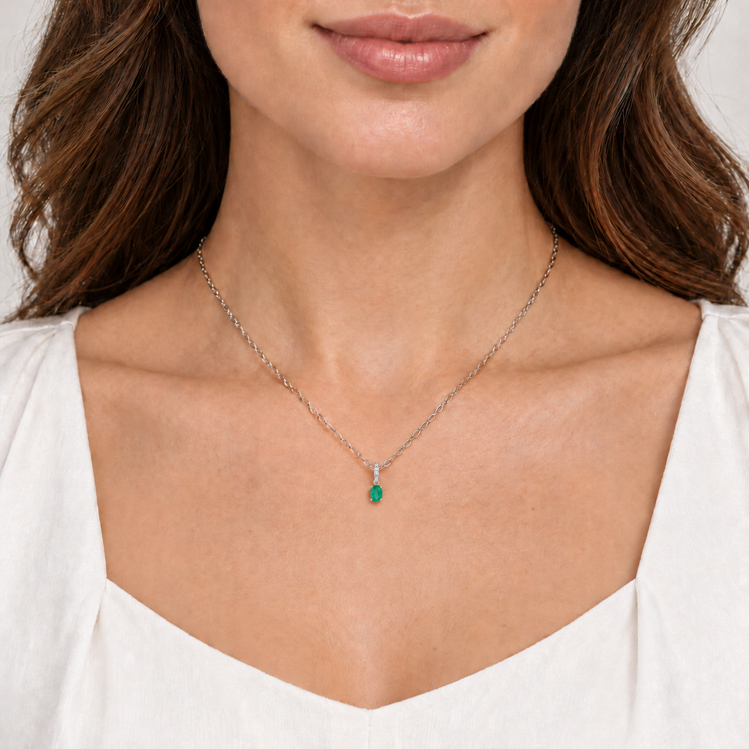 Emerald Diamond Pendant 14K White Gold .79CT
