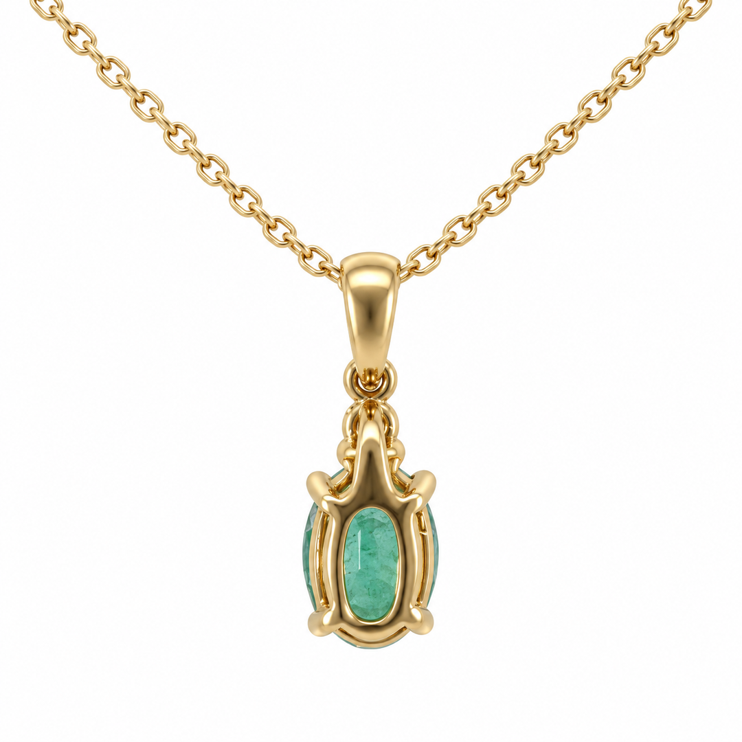 Natural Oval Emerald &amp; Diamond Pendant 14K Yellow Gold 0.71CTW