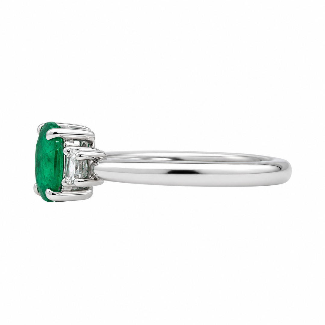 Emerald Three Stone Diamond Ring 0.79CT 14K White Gold