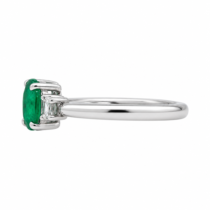 Emerald Three Stone Diamond Ring 0.79CT 14K White Gold