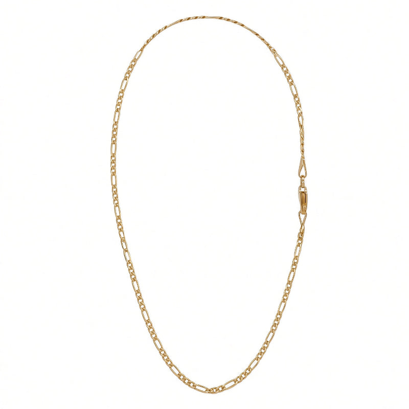 A gold Figaro chain necklace with a lobster clasp