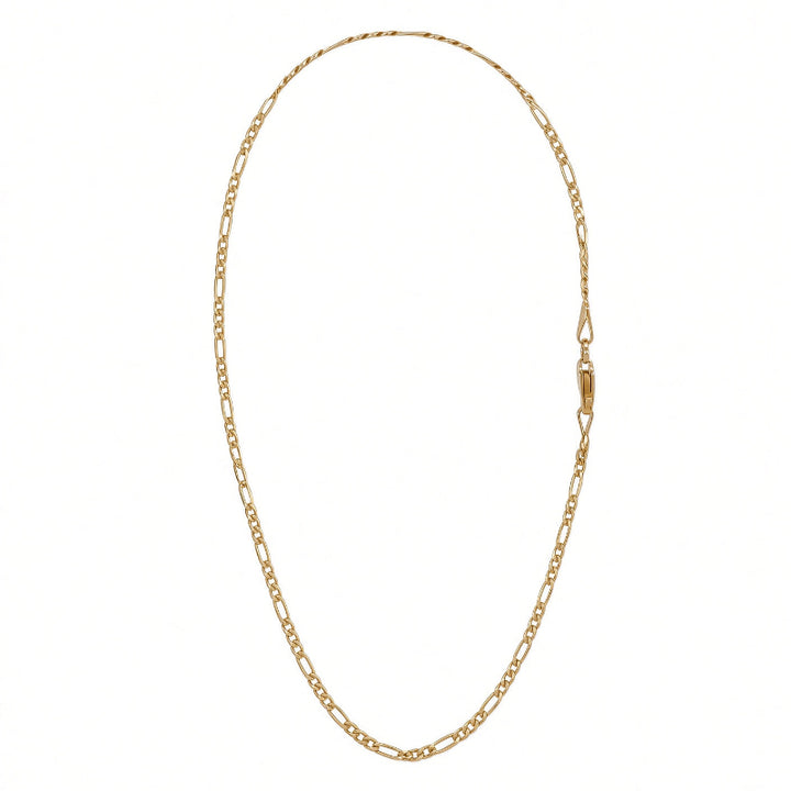 A gold Figaro chain necklace with a lobster clasp