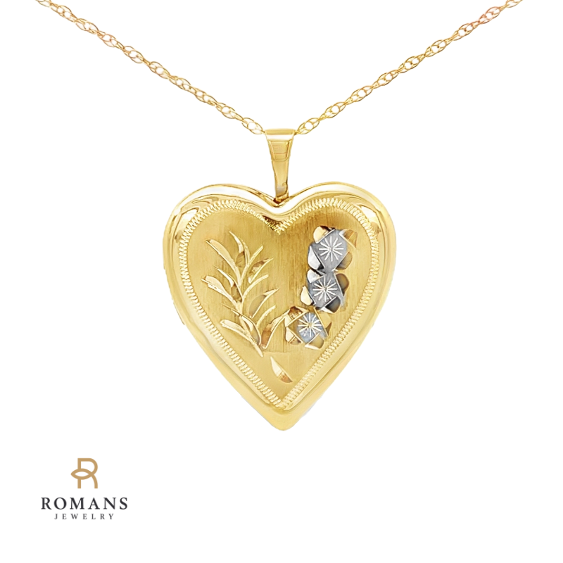 Floral Heart Locket Necklace 14K Two Tone