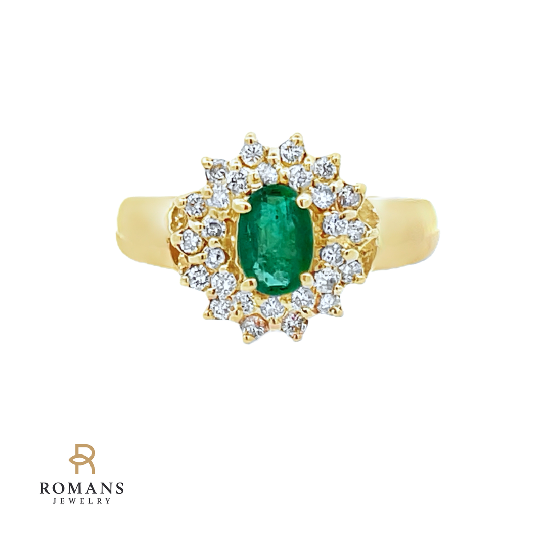 Flower Halo Emerald Diamond Ring 14K Yellow Gold 0.30CT