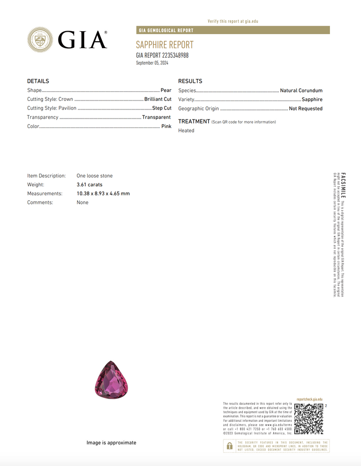 Natural Pink Pear Sapphire Diamond Ring Platinum 3.61CT GIA