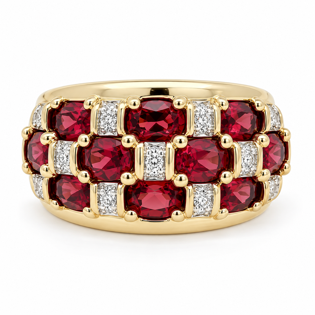 Elegant 18K yellow gold cluster band featuring 2.46CTW garnets with sparkling diamond accents. A bold design with rich color and timeless sophistication.