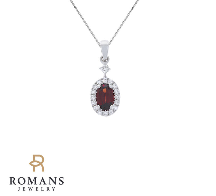 Garnet Diamond Halo Pendant 14K White Gold .58CT