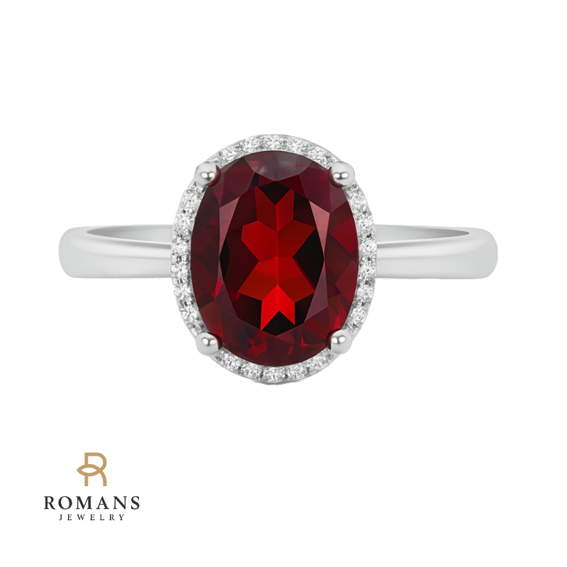Garnet Diamond Halo Ring 14K White Gold 1.94CT