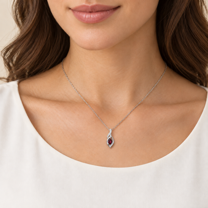 Garnet &amp; Diamond Swirl Pendant 14K White Gold 0.73CT