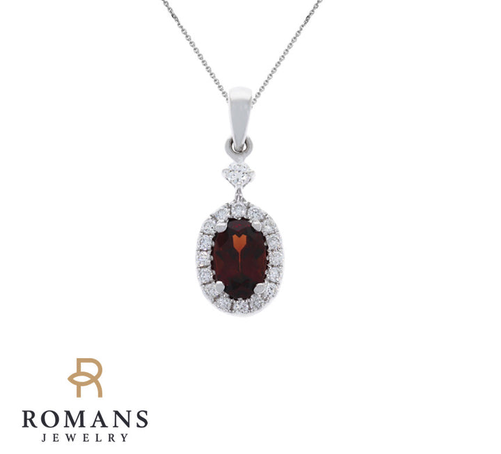 Garnet Halo Diamond Pendant 14K White Gold .58CT