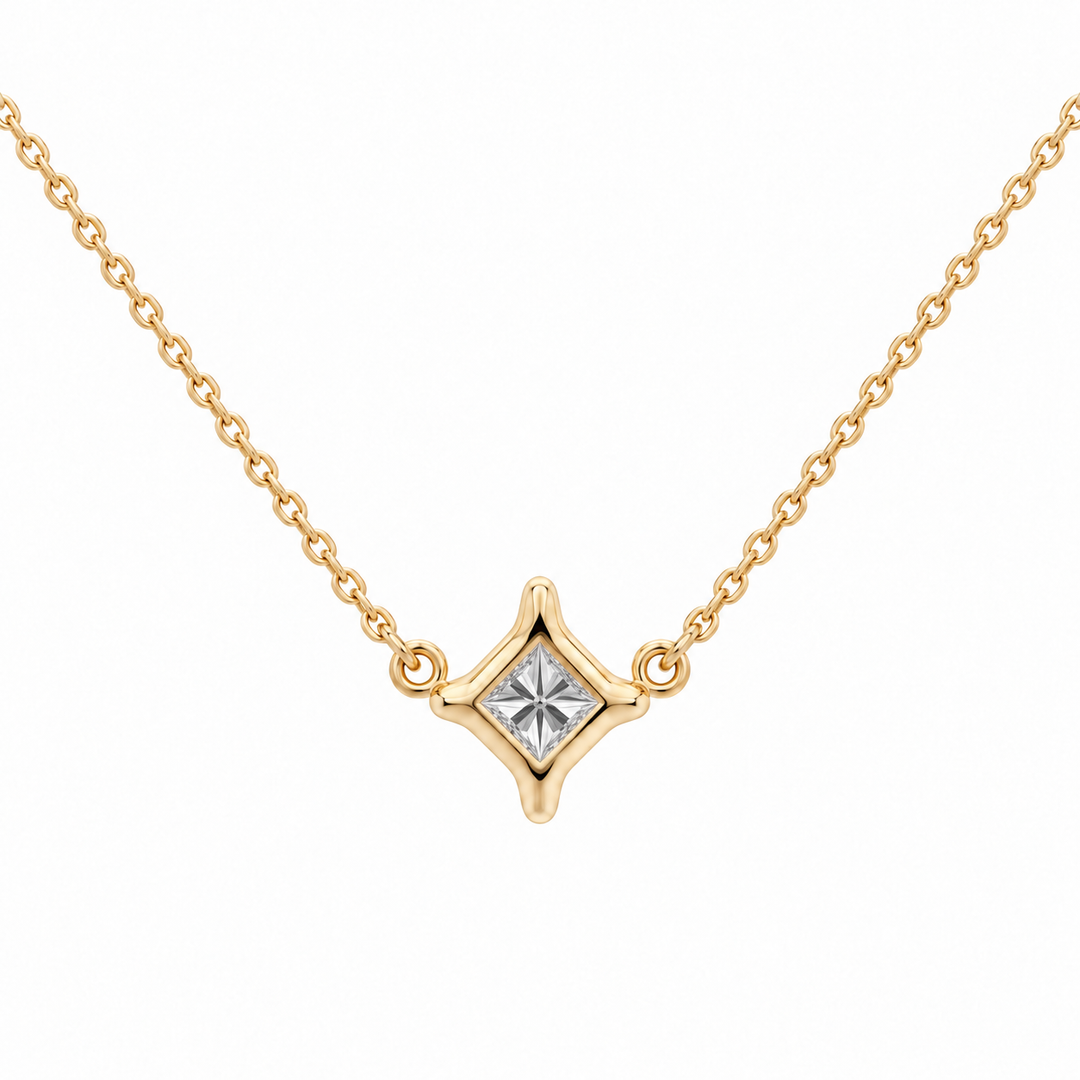 Princess Cut Diamond Floating Necklace 14K Yellow Gold .29CT