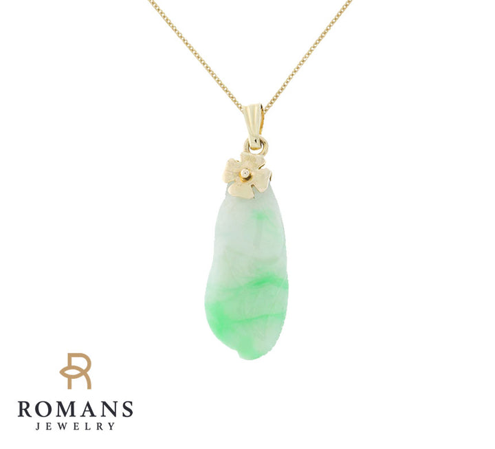 Gourd Carved Green Jade Pendant 14K Yellow Gold