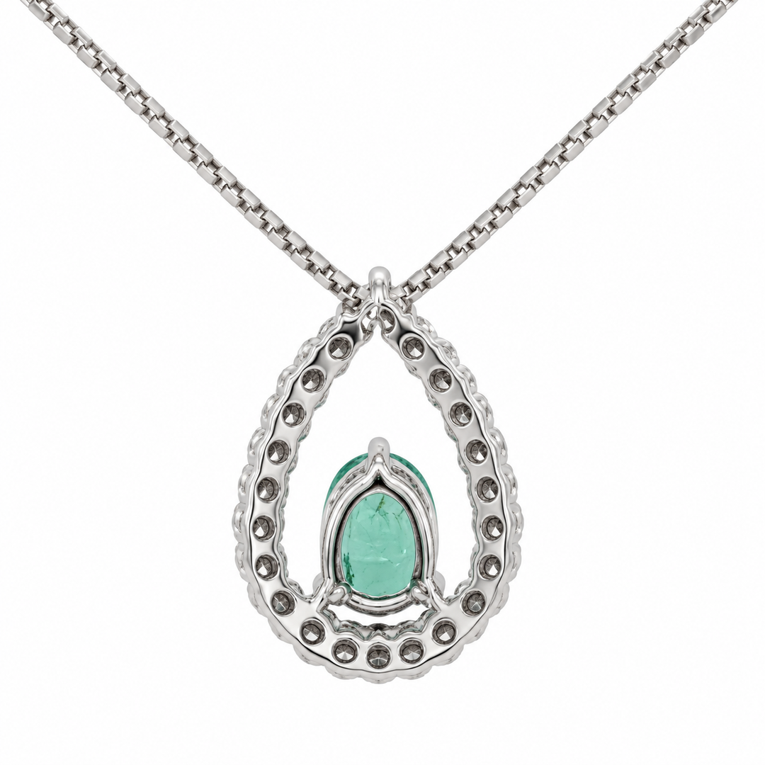 Emerald &amp; Diamond Halo Pendant 0.60CT 14K White Gold