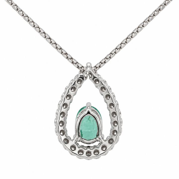 Emerald &amp; Diamond Halo Pendant 0.60CT 14K White Gold